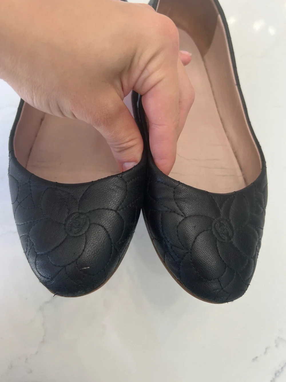 CHANEL Black Quilted Camellia Leather Ballet Flats